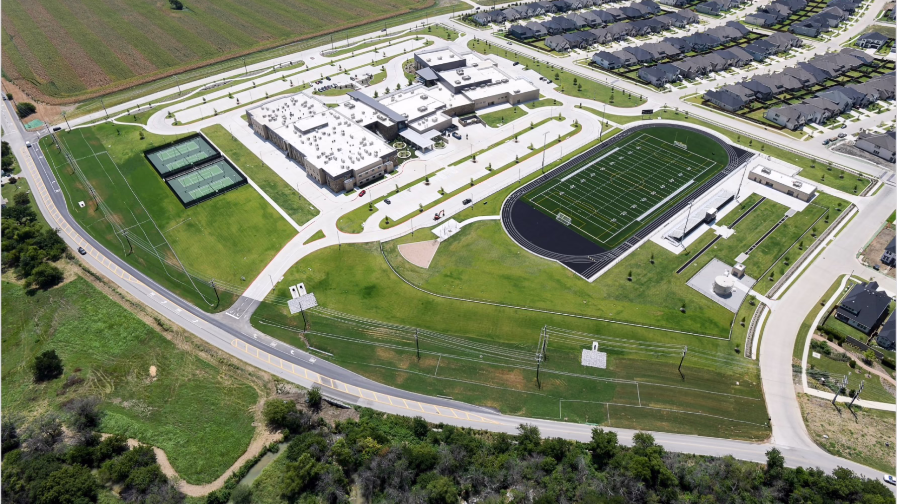 Aerial view of Prosper Middle School #6 with sports fields and surrounding residential area.