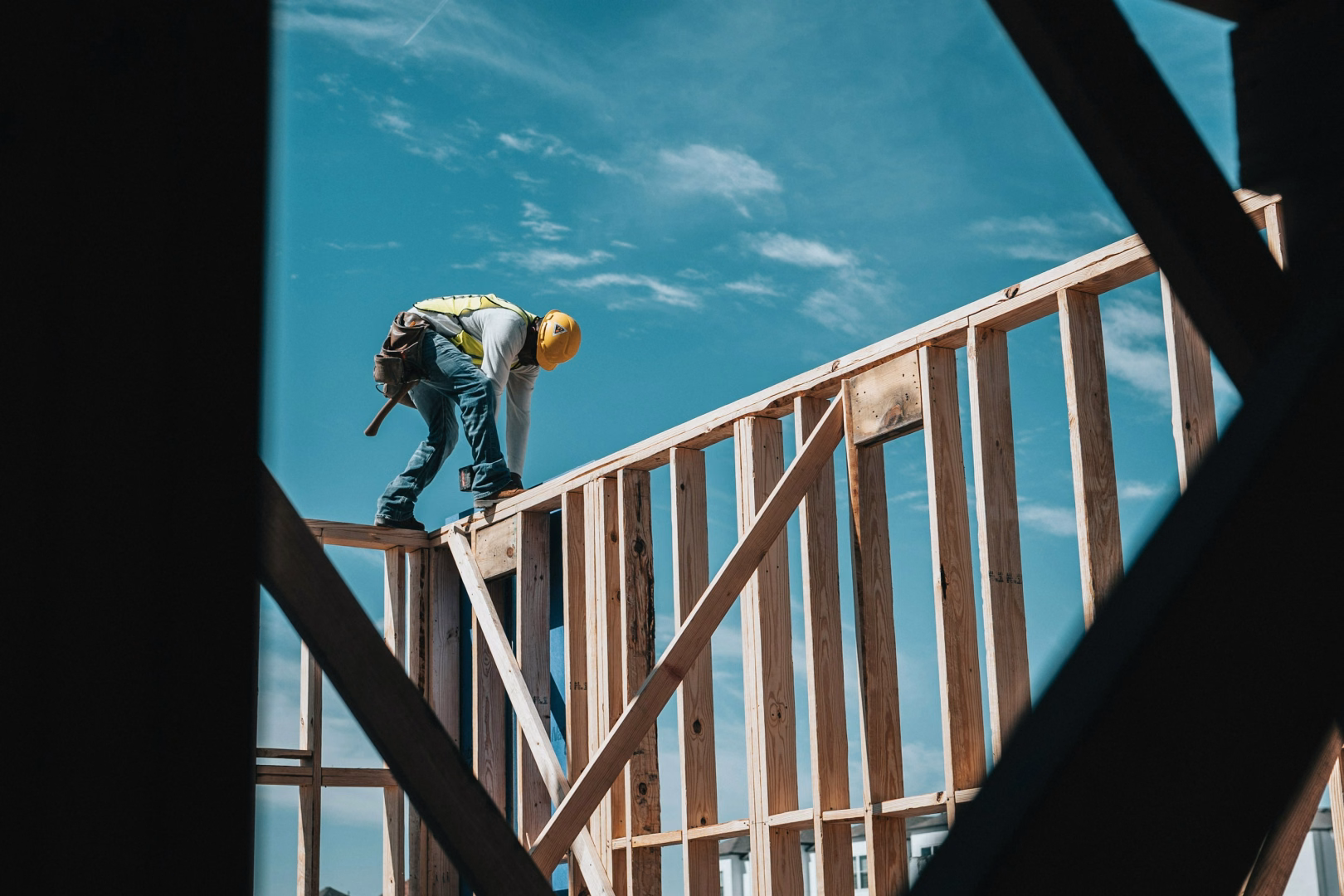 Commercial construction framing at dusk