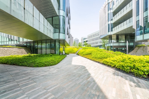 Modern commercial development with landscaped grounds in DFW