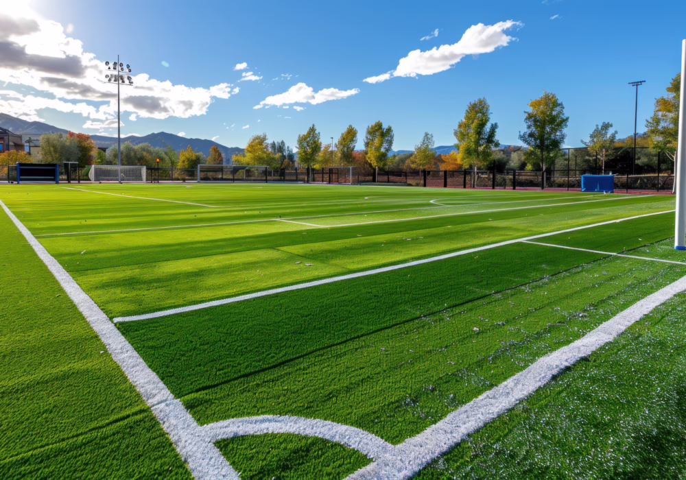 Sunny day on a pristine soccer field with bright green grass, white lines, and goalpost, surrounded by trees and mountains.